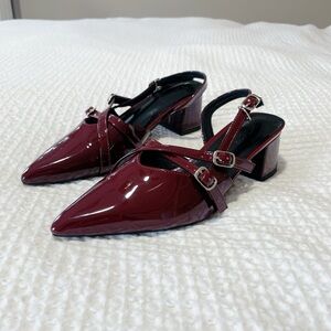 Patent Pointed-Toe Slingback Heels in Burgundy
